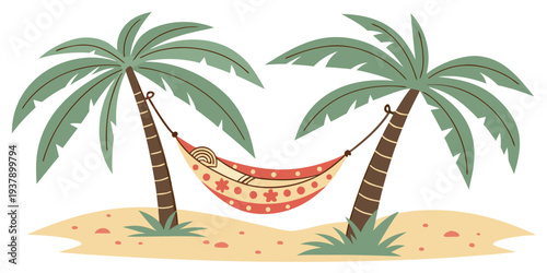 A tropical scene featuring a hammock between two palm trees on a sandy beach. Vector
