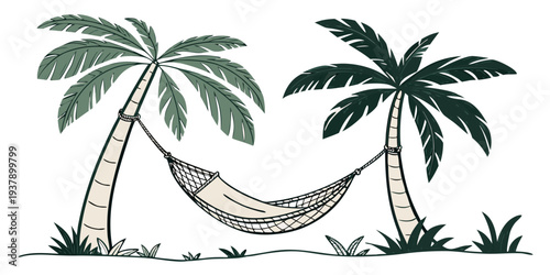 A serene beach scene with two palm trees and a hammock Vector