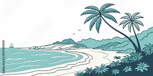 A serene tropical beach scene with palm trees and clear blue waters Vector