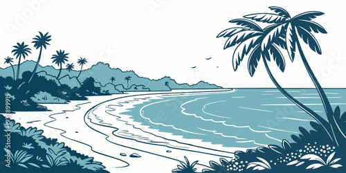 A serene tropical beach with palm trees and gentle waves lapping the shore Vector
