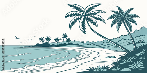 A serene tropical beach with palm trees and calm blue waters. Vector