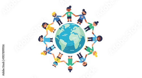 Diverse people holding hands around the Earth in a symbol of unity and global cooperation illustration