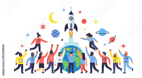 Diverse Group Celebrating Space Exploration with Rocket Launching into the Cosmos