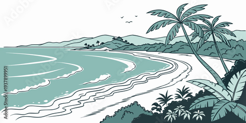 A serene tropical beach with palm trees and clear blue waters Vector