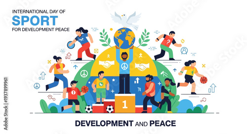 Vibrant illustration of people engaging in various sports activities around a globe symbolizing development and peace
