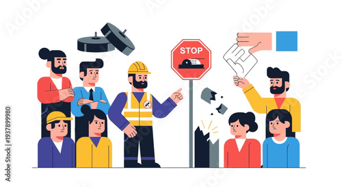Group of people gathered around a stop sign with a construction worker directing traffic in an urban setting