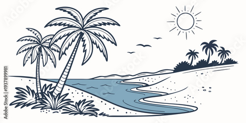 Serene beach scene with palm trees and a small boat in the distance Vector