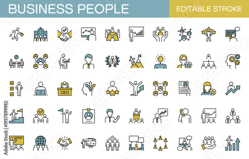 ビジネスパーソンや会社員に関するラインアイコンセット（線幅変更可能・カラー）