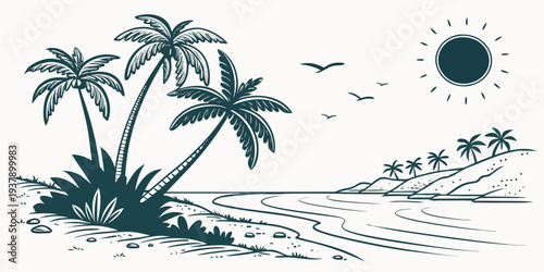 A serene tropical beach scene with palm trees and a dark blue sky. Vector