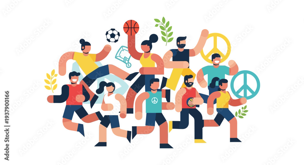 Naklejka premium Diverse Group of People Engaging in Sports and Peaceful Activities Together in a Joyful Illustration