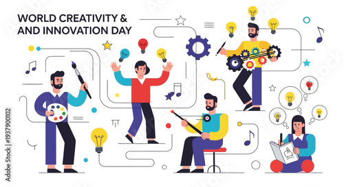Creative professionals working together, celebrating World Creativity and Innovation Day with ideas and technology surrounding them