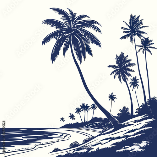 A serene tropical beach scene with palm trees and calm ocean waves Vector