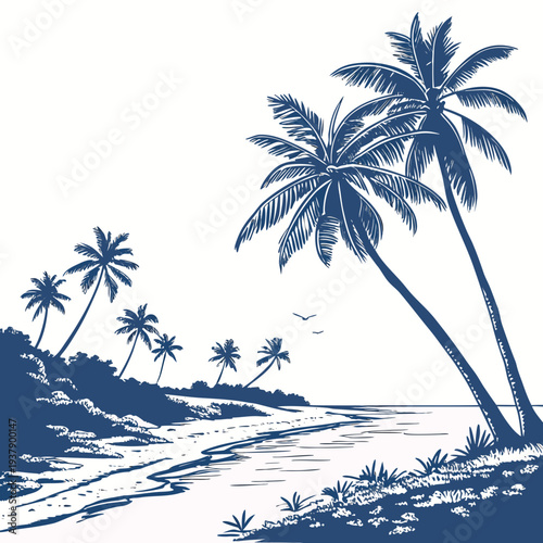 Tranquil tropical beach scene with palm trees and gentle waves Vector