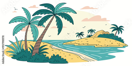 Tropical paradise with palm trees, sand, and clear blue waters Vector
