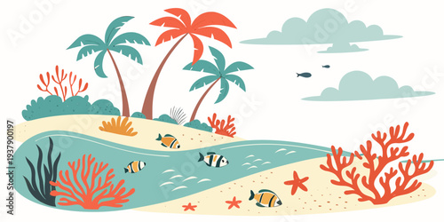A vibrant tropical island paradise with palm trees and colorful fish in the ocean Vector