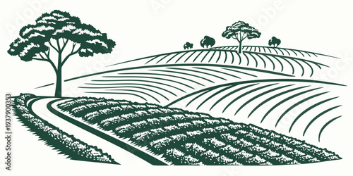 A serene landscape featuring a winding road amidst rolling hills and lush greenery. Vector