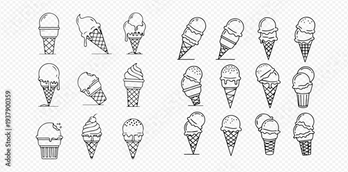 Set of various ice cream cones and cups in outline style, perfect for dessert menus or sweet treat designs.