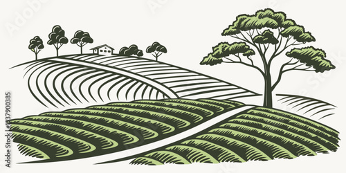 A serene landscape with rolling hills, trees, and a winding path under a clear sky Vector