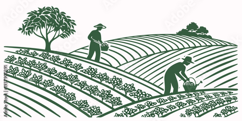Farmers working together in a field, cultivating the land with traditional tools. Vector
