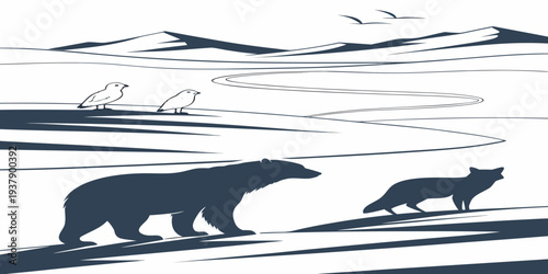 Polar bears walking on the ice in the arctic wilderness Vector
