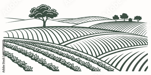 A serene landscape of rolling hills dotted with trees and a winding path. Vector