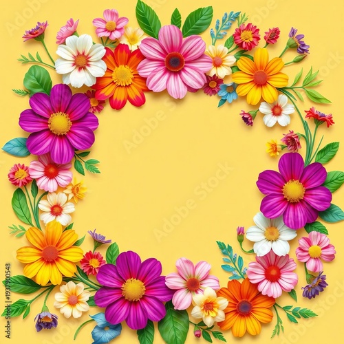 Vibrant floral design surrounds a warm beige background, creating a bright and cheerful atmosphere, design, border