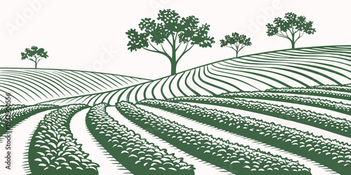 A serene landscape of rolling hills with scattered trees under a clear sky Vector