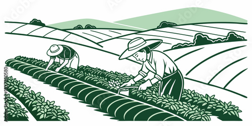 A picturesque landscape of rolling hills and lush green fields under a clear blue sky. Vector