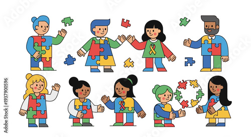 Diverse children assembling puzzle pieces together in a playful collaborative environment illustration