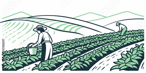 A farmer is using a tractor to plow a field on a sunny day with a blue sky and fluffy clouds. Vector