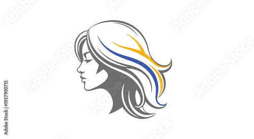 Vector illustration of a womans head with colorful flowing hair design element for logo or icon use