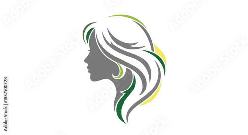 Vector illustration of a womans head with flowing hair in gray, green, and yellow hues