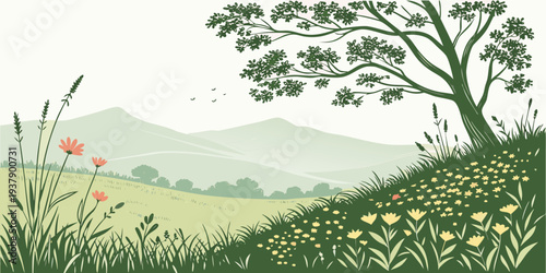 A serene landscape painting of a lush green valley with a winding river and distant mountains Vector