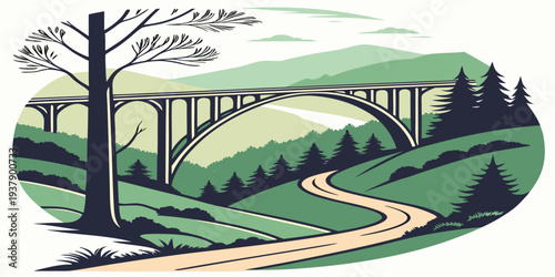 A serene landscape with a winding path surrounded by lush trees and vibrant foliage Vector