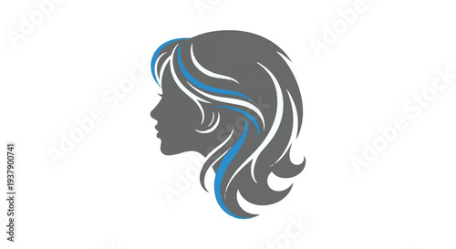 Vector illustration of a womans head with flowing hair in blue and white accents on gray