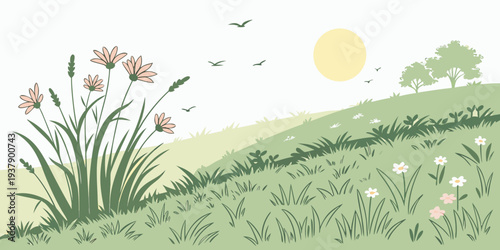 A serene landscape with a clear blue sky, lush green grass, and a distant sun Vector