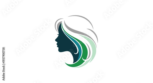 Vector illustration of a womans head with flowing hair in shades of green and white