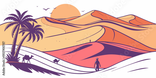 A picturesque desert landscape with sand dunes and a clear blue sky Vector