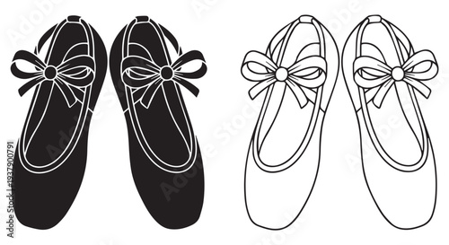 Black and white ballet shoes side by side with line art outline, dance shoes with bows.