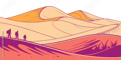 A serene desert landscape with rolling dunes and a clear blue sky. Vector