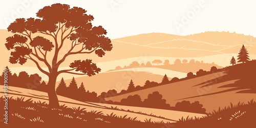 A serene landscape with a single tree standing tall on a hill overlooking a vast expanse Vector