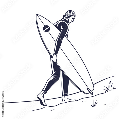 Surfer carrying a surfboard on a sunny beach with a small wave in the background Vector