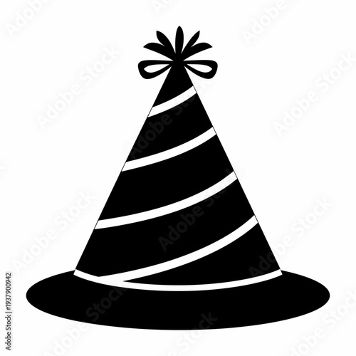 A black silhouette of a classic party hat with horizontal stripes and a pompom on top, ready for celebrations.