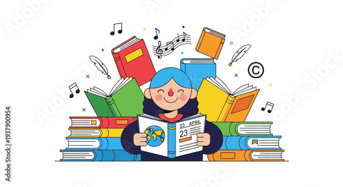 A young boy engrossed in reading a book surrounded by a vibrant pile of books and educational symbols from an overhead viewpoint