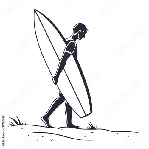 A silhouette of a person carrying a surfboard on a beach at sunset Vector