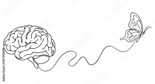A brain connected to a butterfly with a line, symbolizing creativity and imagination.
