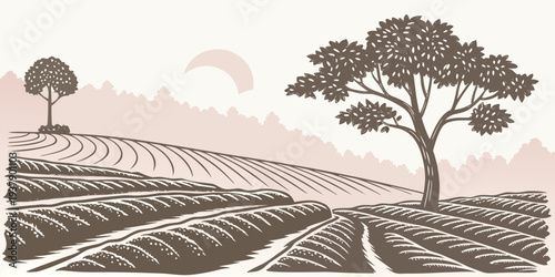 A serene landscape with a winding road and a few trees in the distance Vector