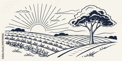 A serene landscape with a winding path leading to a distant mountain under a clear sky. Vector