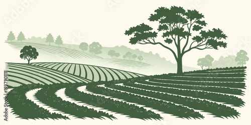 A serene landscape of rolling hills and a solitary tree under a clear sky. Vector