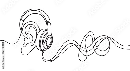 Minimalist line art illustration of a person wearing headphones with swirling cord
